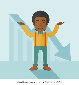 A sad black guy raising his two arms surrendering causing of his failed business. Graph arrow down, shares fall. Unsuccessful business concept. A contemporary style with pastel palette soft blue