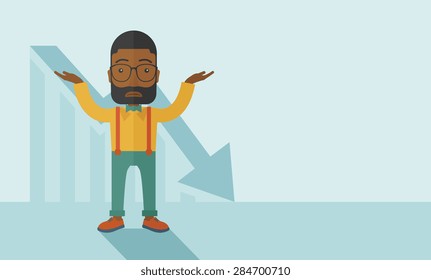 A sad black guy raising his two arms surrendering causing of his failed business. Graph arrow down, shares fall. Unsuccessful business concept. A contemporary style with pastel palette soft blue