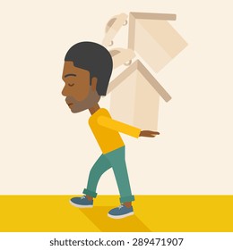 A sad black man carrying house and car as his loan or debt from the bank. A Contemporary style with pastel palette, soft beige tinted background. Vector flat design illustration. Square layout.