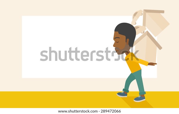 A sad black man carrying house and car as his loan\
or debt from the bank. A Contemporary style with pastel palette,\
soft beige tinted background. Vector flat design illustration.\
Horizontal layout