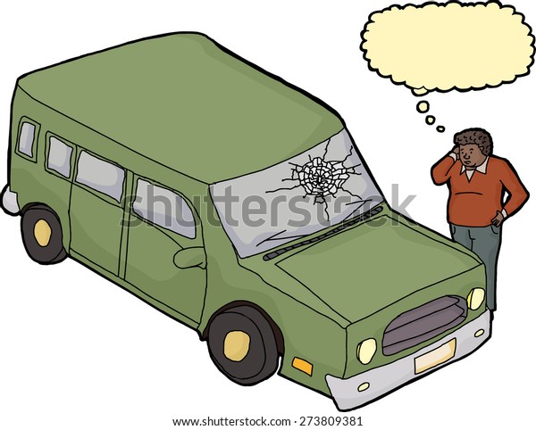 Sad\
Black man looking at green SUV with broken\
window