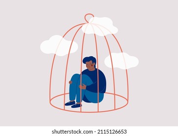 Sad Black Man Sitting Inside The Closed Cage. Influence Of Lockdown On Mental Health. Concept Of Restrictions On Human Rights And Freedoms In Society. Vector Illustration 