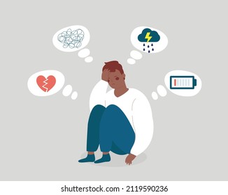 Sad black man sitting on the floor. Adolescent male with mental illness symptoms. Young Boy having anxiety, broken heart, stress and depression. Concept of negative emotions and feelings. Vector stock