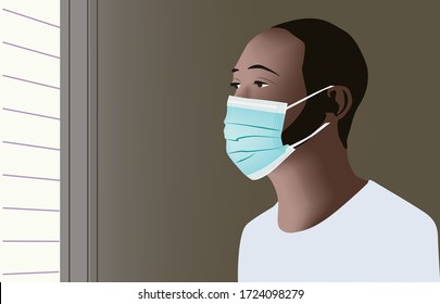 sad black man wearing medical face mask looking out the window; black man with beard during coronavirus outbreak at the hospital. Covid 19 self protection