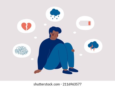 Sad  black man who suffers from mental health illness is sitting on the floor. Boy surrounded by symptoms of depression disorder: anxiety, crisis, tears, exhaustion, loss,  overworked, tired. Vector