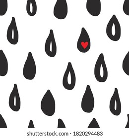 Sad black rain and a heart. Vector seamless pattern.