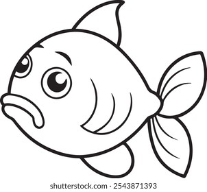 Sad black thin line contour fish isolated on white background for coloring book. Vector illustration.
