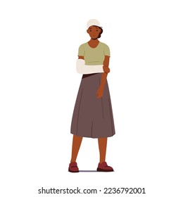 Sad Black Woman with Broken Arm and Head in Gypsum Bandage Isolated on White Background. African Female Character with Hand Fracture after Accident, Injury Concept. Cartoon People Vector Illustration