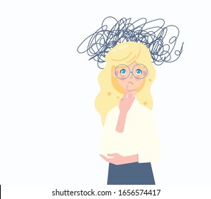 Sad blonde woman got confused in her thoughts. Anxiety, depression and mindfulness awareness concept.