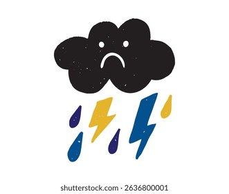 Sad blue cartoon doodle cloud lightning and raindrops. anxiety, anxiety and depression. Sadness mental health. Vector illustration