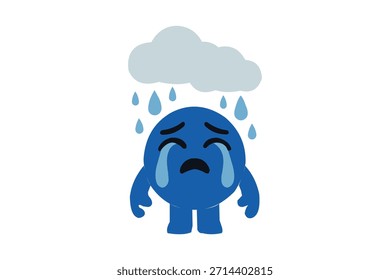 Personaje azul triste llorando bajo la nube de lluvia: depresión, tristeza e ilustración de Sentimiento emocional. 