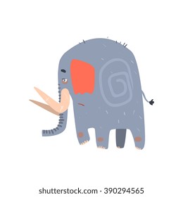 Sad Blue Elephant Walking Flat Cartoon Stylized Vector Illustration