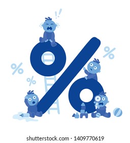 Sad blue toddlers on white background. Little kids sitting on a percent (%) sign. End of sale at children clothes boutique. Parents expenses, loan or mortgage. 
High interest rate. Vector Illustration