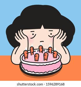 Sad And Bored Girl With Her Healthy Fresh Carrot Birthday Cake. Vegetable Haters Concept Card Character illustrstion