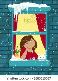 Sad bored girl sitting at home and looking in the window in snowy winter day, EPS 8 vector illustration