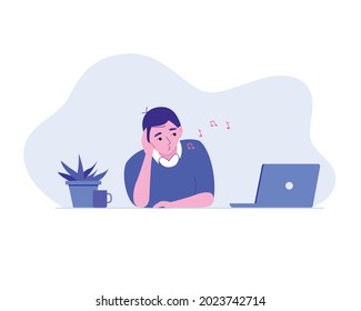  Sad Bored Man Sitting And Whistling In Office With Laptop, Plant, Cup Of Coffee At The Desk. Long Work Day Concept. Vector Illustration Cartoon Flat Style