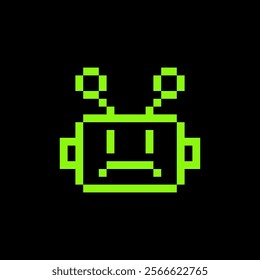 Sad bot pixel art icon. Sad robot. Sorry chatbot 8 bit emoji. Vintage retro sticker. Editable pixel vector green design element. Game abstract element. Y2k geometric shape for collage. Bold and groovy