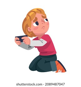 Sad Boy Addicted to Gadget with Imploring Glance Playing Video Game with Console Vector Illustration