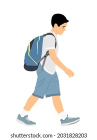 Sad boy with backpack going to school vector illustration. Back to school. School kid walking with education trouble, bad grades evaluation after summer enjoy. Bowed head son do not like learning.