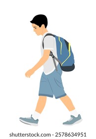 Sad boy with backpack going to school vector illustration. Back to school. School kid walking with education trouble, bad grades evaluation after summer enjoy. Bowed head son do not like learning.