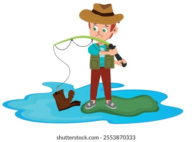 sad boy because he fished out an old boot, fishing, vector illustration.