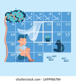 Sad boy behind the bars of quarantine calendar. Stay home concept with open window, cat and flower