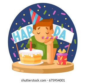 Sad boy and a birthday cake. Vector illustration