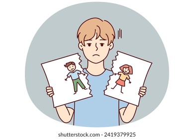 Sad boy with blond hair holds in hands torn pictured with painted kids. Cheerless child of pree teen age after school quarrel or conflict tears up self-drawn portrait. Flat vector design