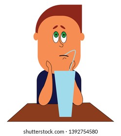 A sad boy in a blue shirt with his hands resting on his chin and elbows on the table with his green eyes drinking fresh juice from a blue plastic party cup  vector  color drawing or illustration