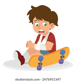 niño triste con un brazo roto a causa de una caída de una patineta, niño herido. Ilustración vectorial.