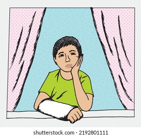 sad boy with a broken hand, standing on the window sill and gazing up