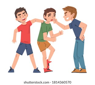 Sad Boy Bullied by Classmates, Two Boys Mocking and Laughing Him, Mockery and Bullying at School Problem Cartoon Style Vector Illustration