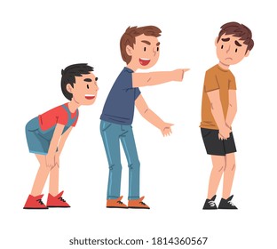 Sad Boy Bullied by Others, Two Boys Mocking, Laughing and Pointing Fingers at Him, Mockery and Bullying at School Problem Cartoon Style Vector Illustration