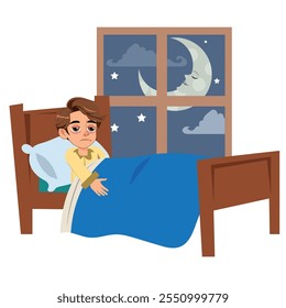 Un chico triste no puede dormir, insomnio. Niño insomne, Ilustración vectorial.