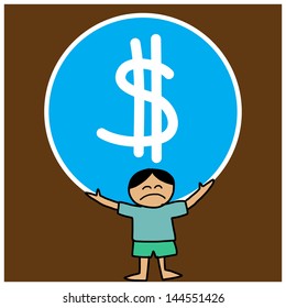 Sad boy carry money, cartoon vector format