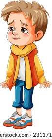 Sad boy cartoon character holding walking stick illustration