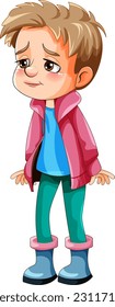 Sad boy cartoon character holding walking stick illustration