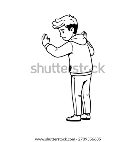 Sad boy character punished facing the wall vector illustration in sketch style.