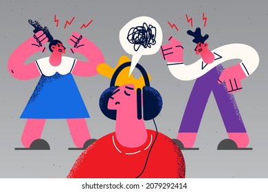 Sad boy child in headphones try ignore angry parents argue quarrel at home. Unhappy stressed kid distract in earphones mom and dad fight. Domestic violence effect on children. Vector illustration. 