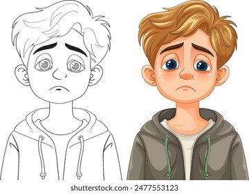 A sad boy in color and outline