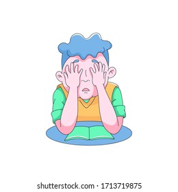 sad boy covers his face with hands crying while doing homework. exam or test at class. stressed upset college or school student. bullying in school. isolated vector stock illustration on white.