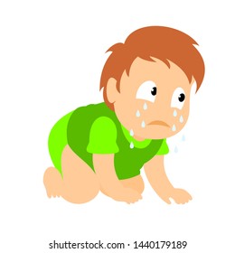 A sad boy crawling and crying. Baby boy vector illustration. Flat design.