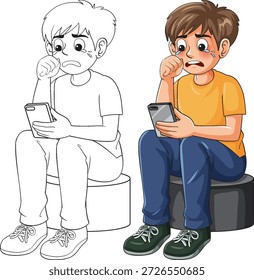 Sad boy cries while holding a smartphone, presented in both color and line art versions