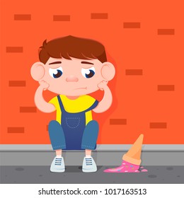 Sad boy crying for fallen ice cream. Vector flat illustration