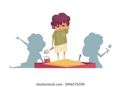 Sad boy crying in sandpit on background with silhouettes of happy children cartoon vector illustration