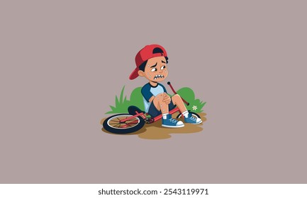 Sad boy crying with scraped knee next to fallen bike.