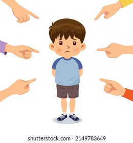 The sad boy was crying, surrounded by the hands of the surrounding people, pointing at him. Concept of bullying and blaming. vector illustration