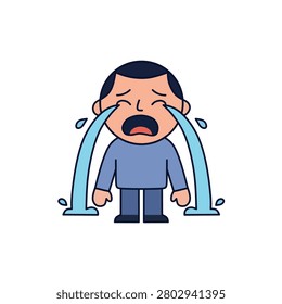 Sad boy crying with tears streaming down his face, cartoon illustration