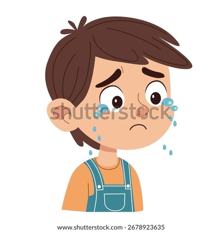 Sad boy crying with tears streaming down his face showing negative child emotion. Vector illustration of a cartoon kid.