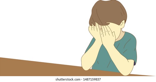 Sad boy, depressed boy looking lonely.Illustration of a sad child, helpless, bullying, distance learning. Violence against a child at home and at school. Stock vector illustration